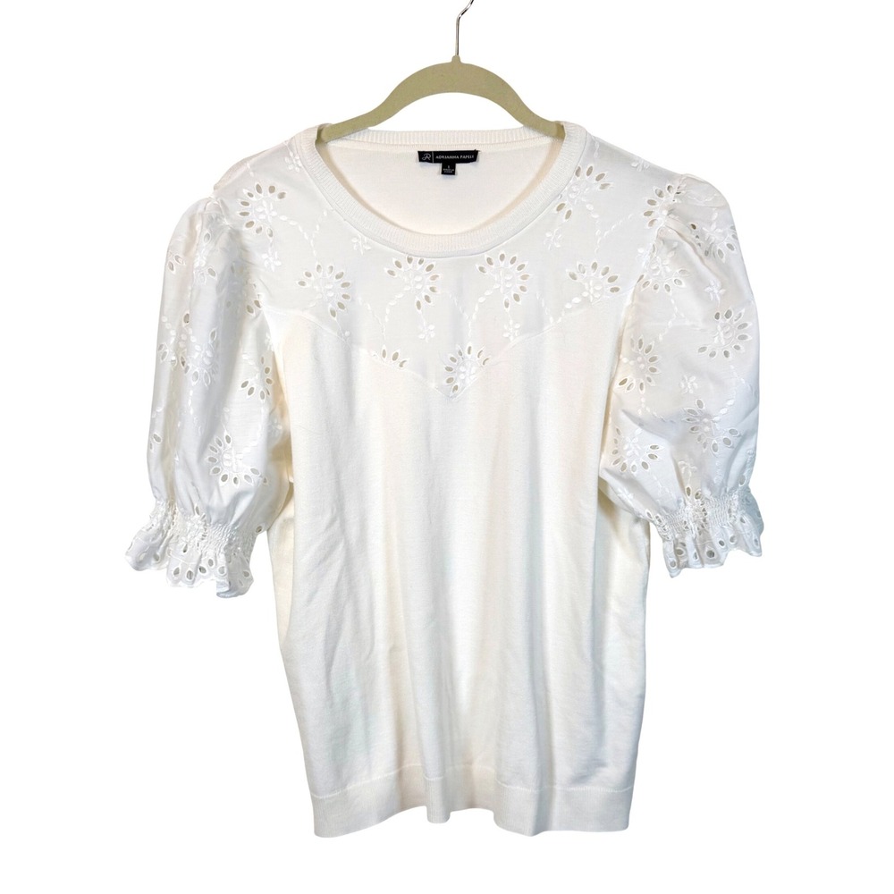 Adrianna Papell Ivory Eyelet Puff Sleeve Knit Top L Romantic Feminine